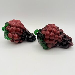 Grape Clusters Set of 2 Hand Blown Glass Faux Purple Emerald Green Stem 6” Decor
